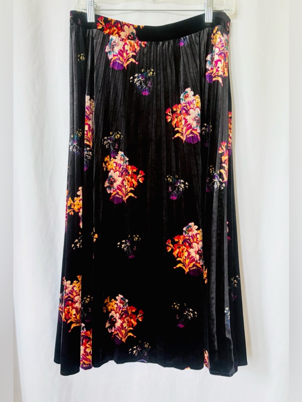 Maeve Anthropologie Velvet Pleated Midi Skirt Floral Sz L